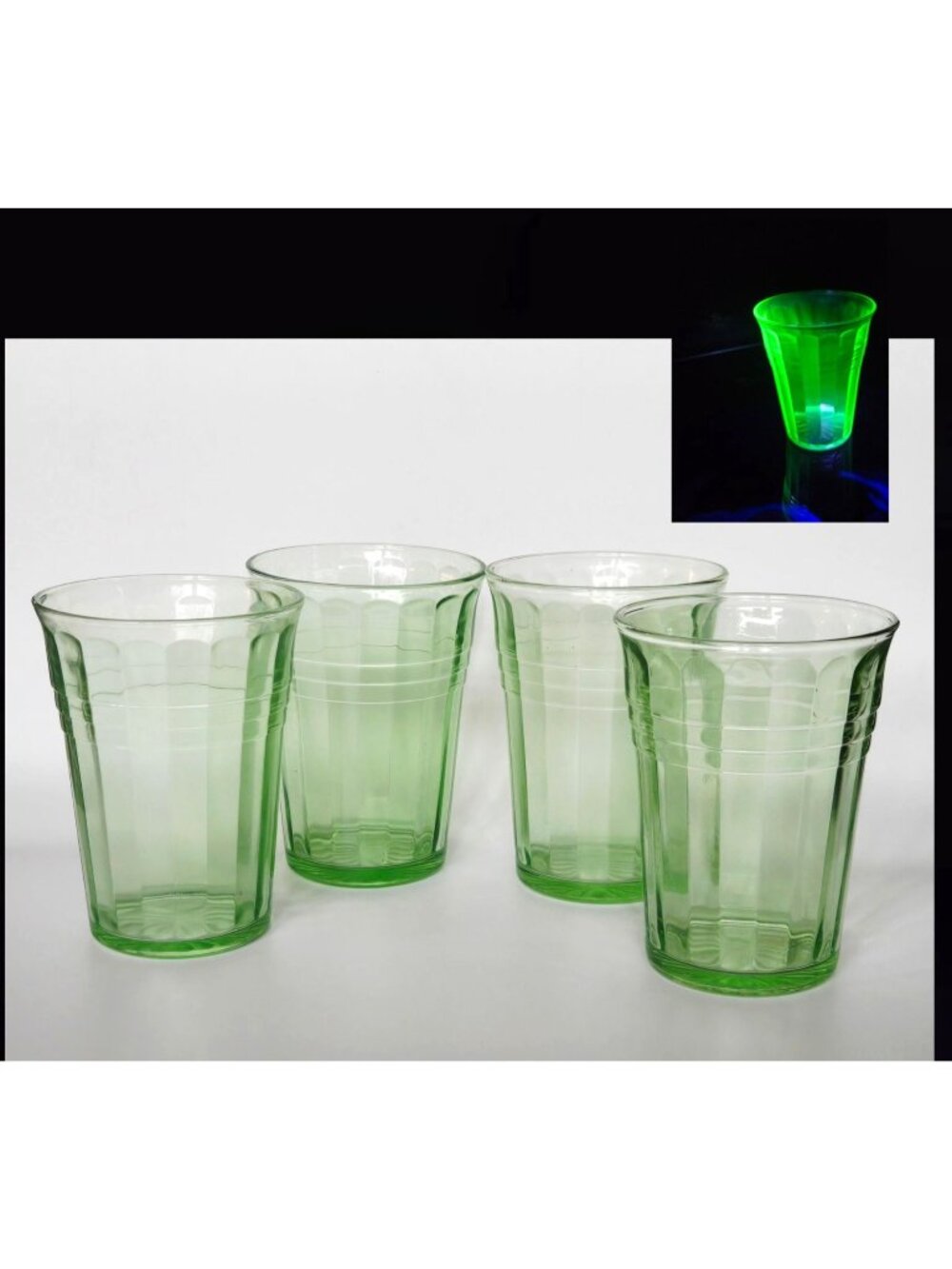 4 pc Hazel-Atlas Moderntone Green Depression Glasses Ribbed Uranium 8 oz. 1940s